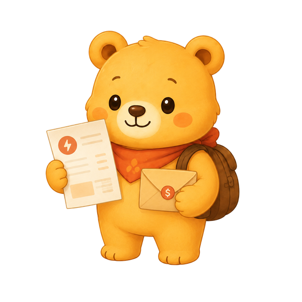 Noplo mascot holding a bill and an envelope