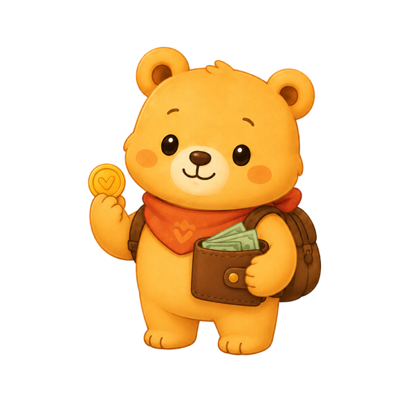 Noplo mascot holding a wallet and a coin
